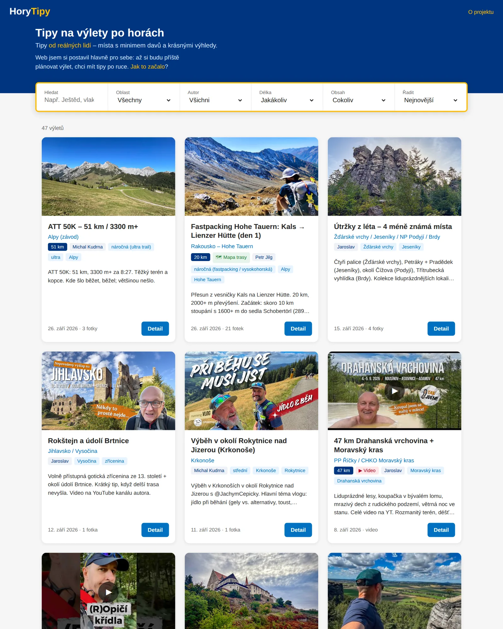 Web HoryTipy: filtry a výpis výletů