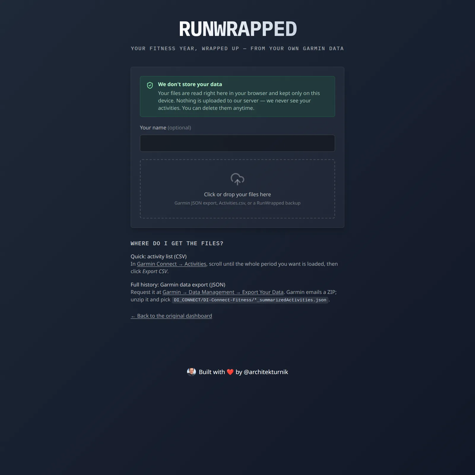 RunWrapped: nahrání vlastního exportu z Garminu, data zůstávají jen v prohlížeči
