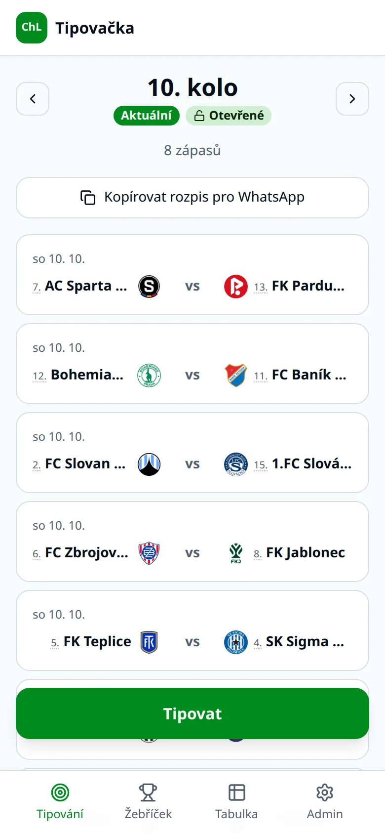 Tipovačka na mobilu: zápasy aktuálního kola